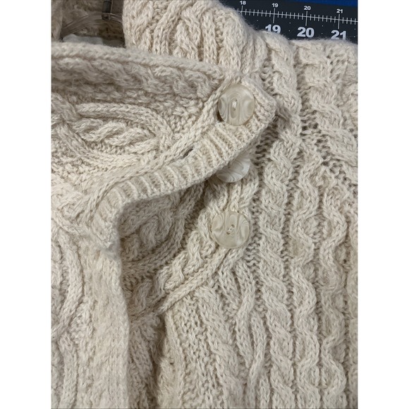 Aran Mor Cable Knit Sweater Size S Cream Merino Wool Cardigan Shawl/Button Neck - Picture 9 of 10